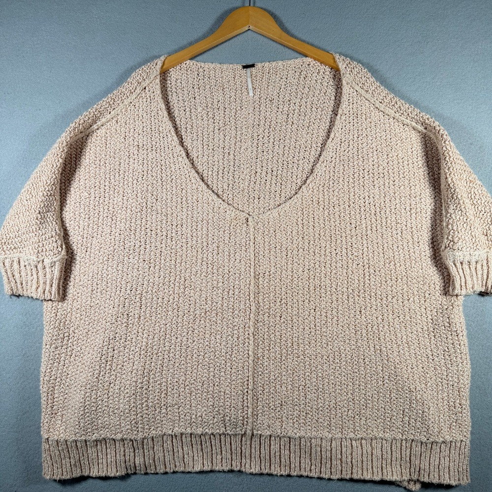 Free People Womens Oversized V-Neck Textured Knit Sweater Beige Large 15580